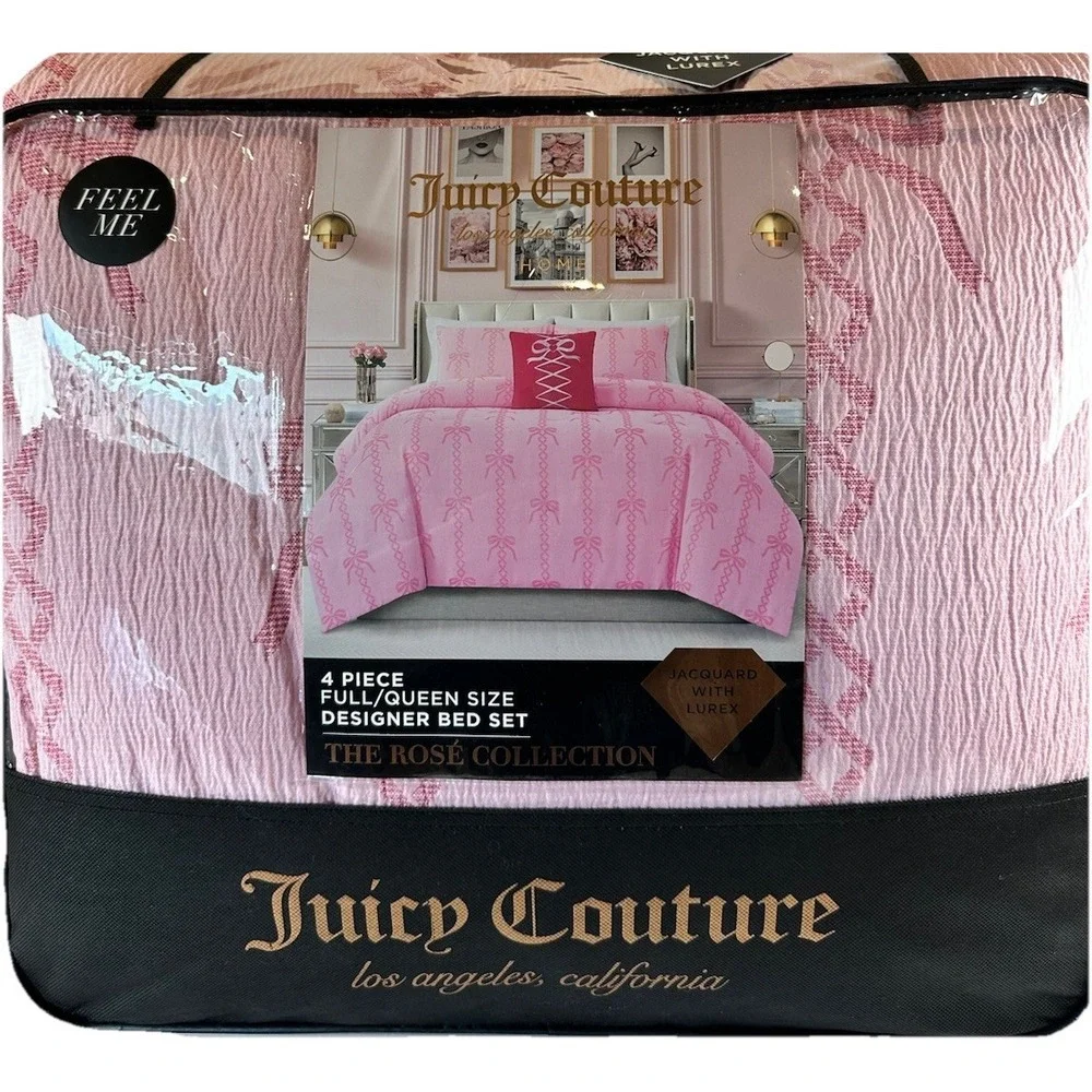 Juicy Couture Pink Bow Embossed Queen Comforter Set Pillow Plush 4pc Coquette